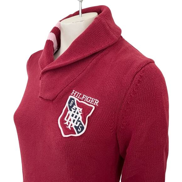 VTG TOMMY HILFIGER Crest Patch Collegiate Sweater in Red  Y2K  SZ XS - Picture 5 of 12